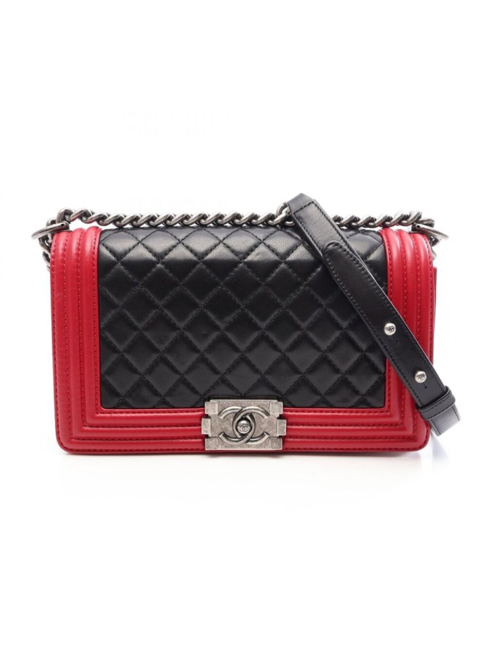 Chanel Shoulder Bag Boy Antique Silver Black Red Lambskin Bicolor Chain